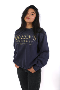 navy coloured crewneck with gold embroidered Queen's University