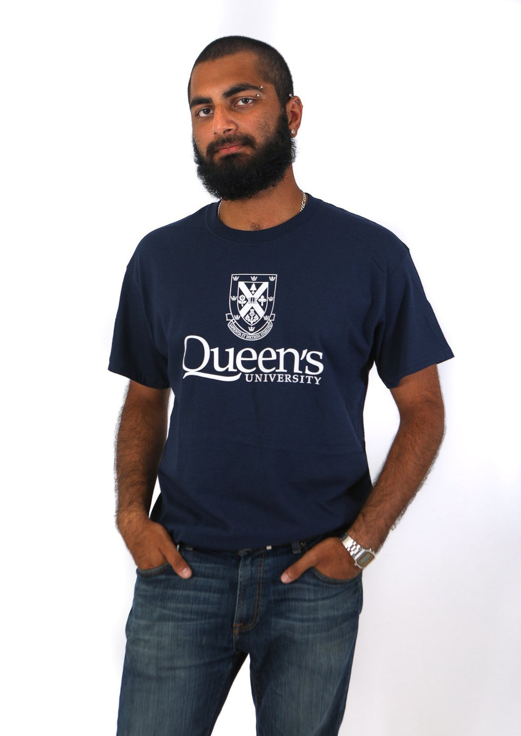 Navy tshirt with white queens crest