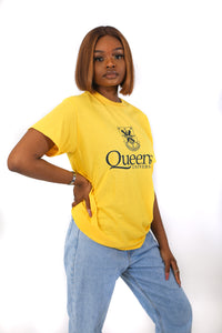 yellow tshirt with navy queens crest