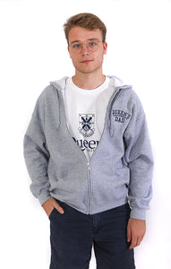 Grey zip up hoodie with Queen's Dad embroidered on the chest