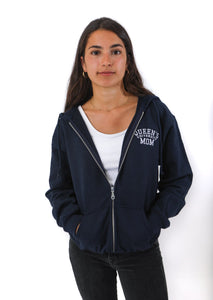 Front view of blue zip up hooded sweater with white Queen's mom logo on chest