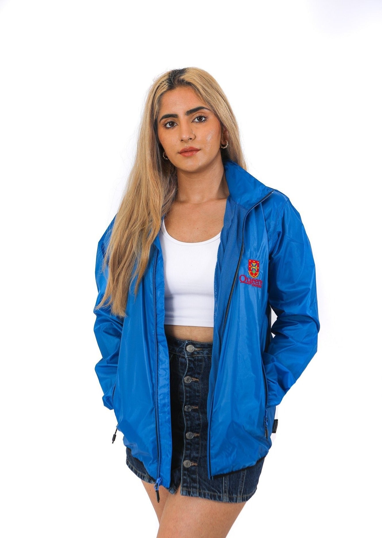 Front of blue zip up rain jacket with red Queen's crest logo