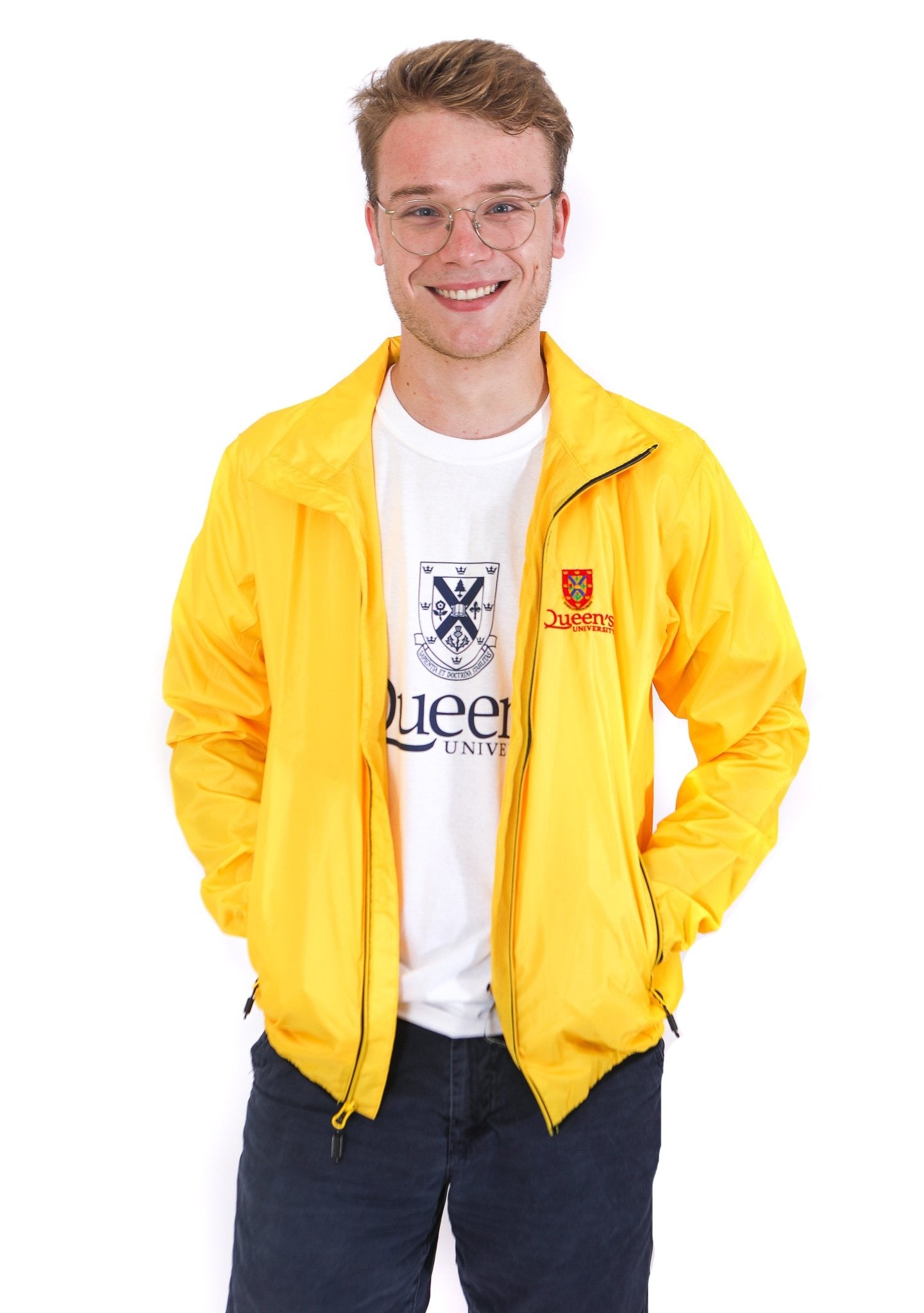 Front of yellow zip up rain jacket with red Queen's crest logo
