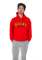 Load image into Gallery viewer, Front view of red hoodie with yellow Queen&#39;s logo
